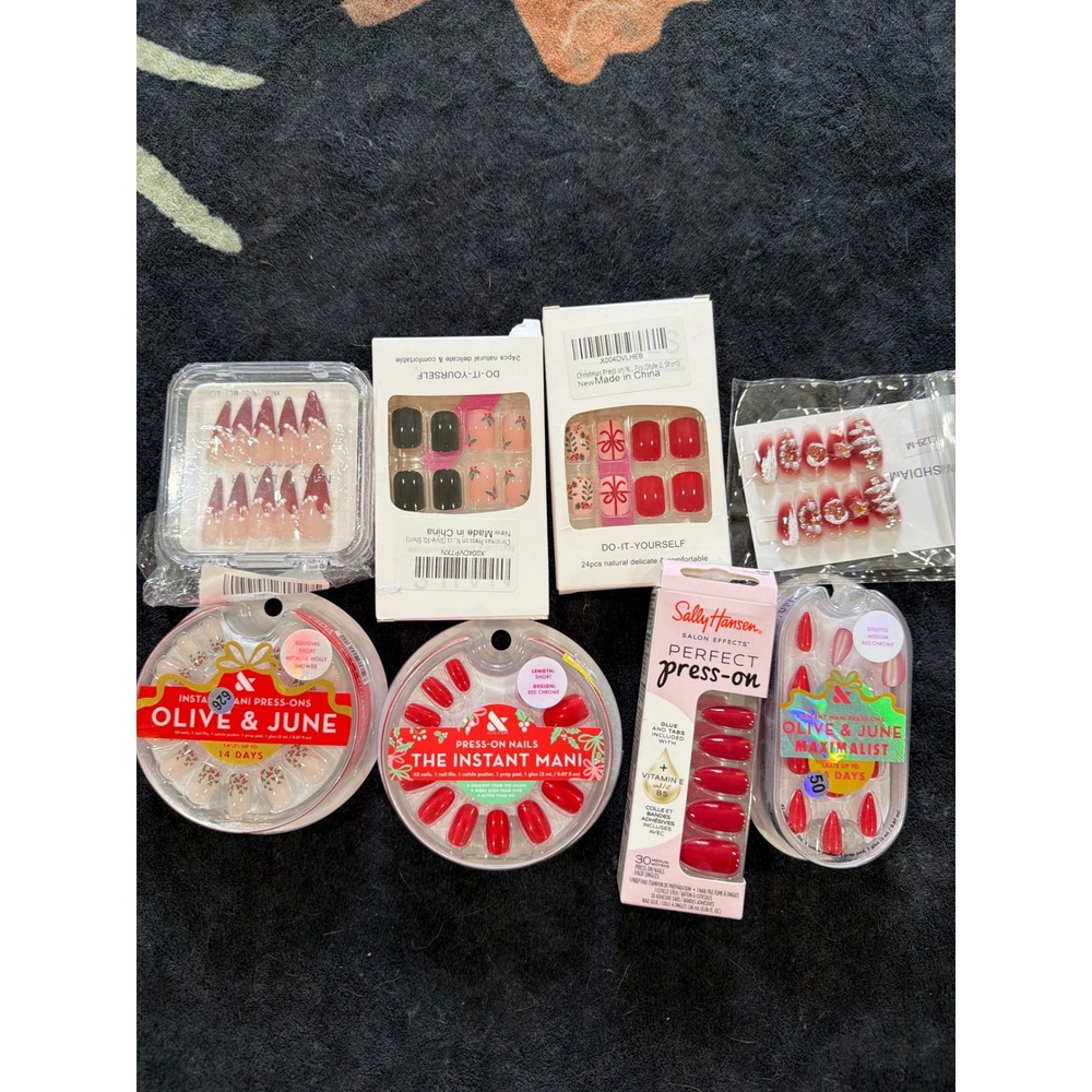 8pc Press On Nail Bundle Olive & June Sally Hansen Christmas Holiday Red Chrome